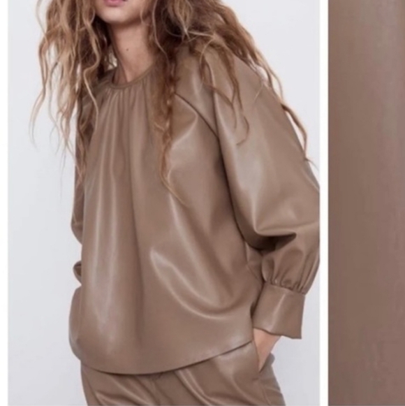 Zara Tan Faux Vegan Leather Long Puff Sleeve Top Size Small Minimalist Chic Luxe - Picture 2 of 6
